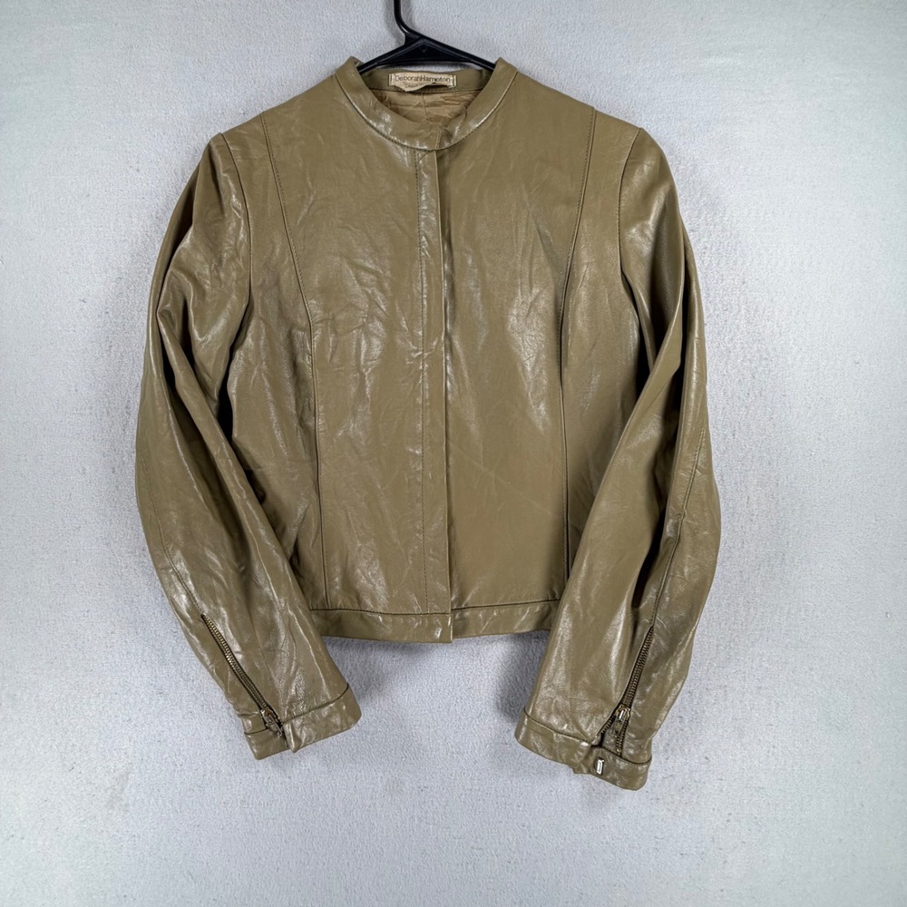 Deborah Hampton Women's 11 Olive Leather Jacket Made Italy Minimalist Moto 90s